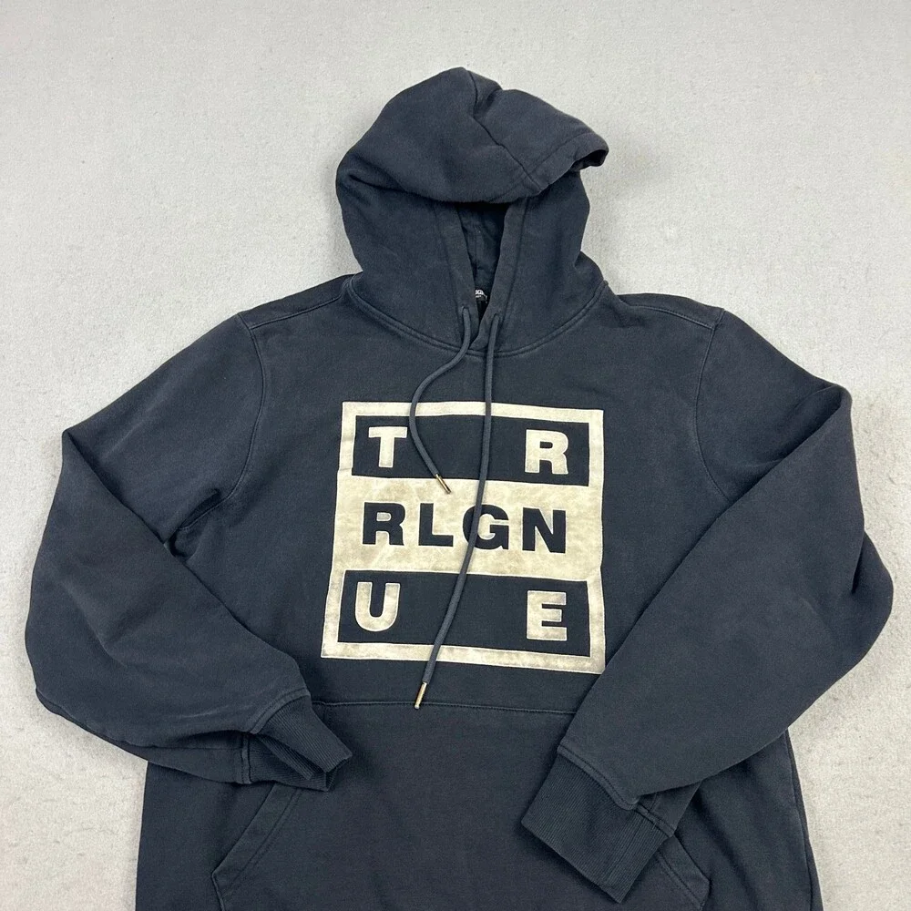 True Religion Hoodie Men Large Black Pullover Box Logo Graphic Sweatshirt L
